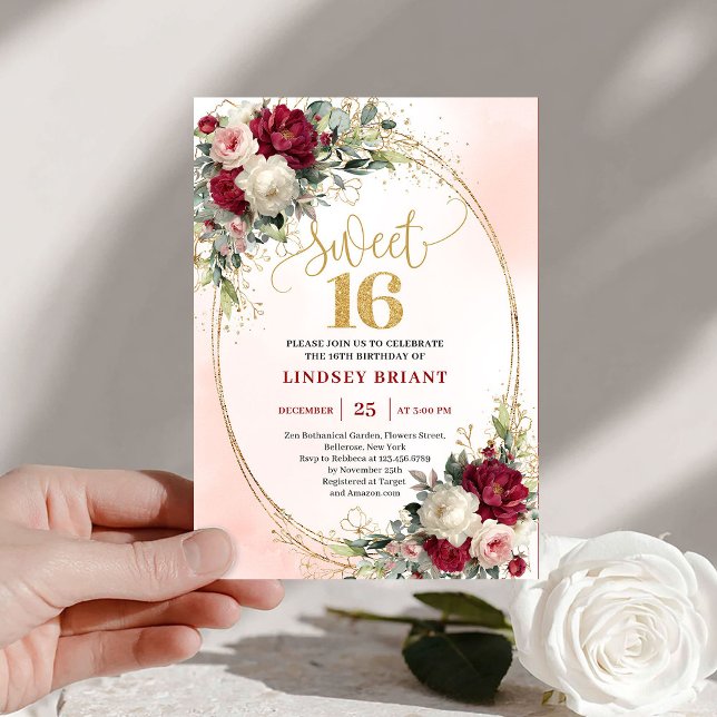 Invitation Classe Boho Bourgogne Rouge Doré Floral Douzième (Classy Boho Burgundy Blush Gold Floral Sweet Sixteen)