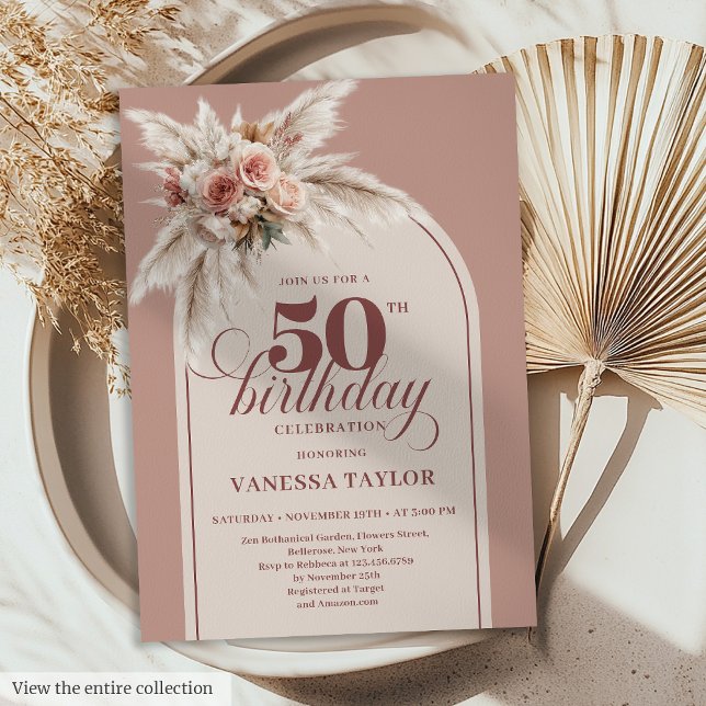 Invitation Classe Boho Rose Poussiéreuse Floral 50e Anniversa (Classy Boho Dusty Rose Pampas Floral 50th Birthday)