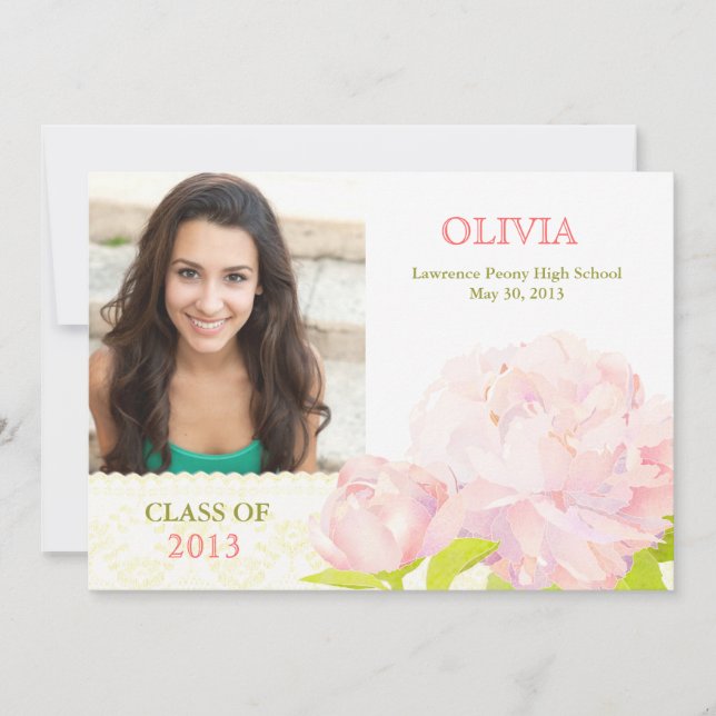 Invitation Classe de 2013 Pink Peony Girl Photo Graduation (Devant)