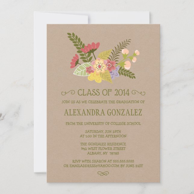 Invitation Classe de 2014 kraft floral bunch fête de graduati (Devant)
