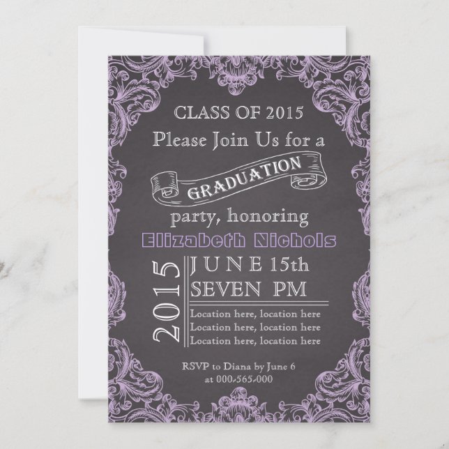 Invitation Classe de 2015 chalkboard lavender graduation (Devant)