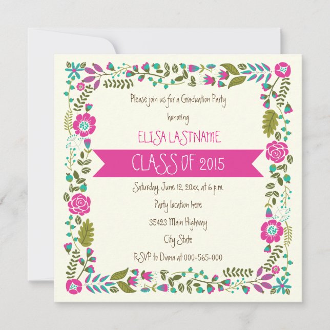 Invitation Classe de 2015 frontière florale rose et aqua (Devant)