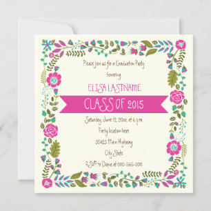 Invitation Classe de 2015 frontière florale rose et aqua