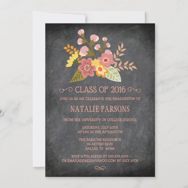 Invitation Classe de 2016 chalkboard floral graduation party (Devant)