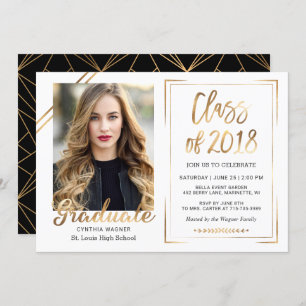 Invitation Classe de 2018 Black White Gold Photo Graduation