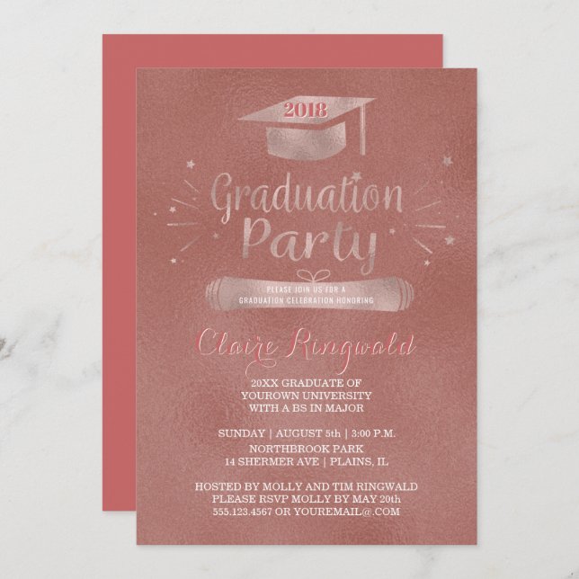 Invitation Classe de 2018 Grad Casquette Rose Gold Graduation (Devant / Derrière)