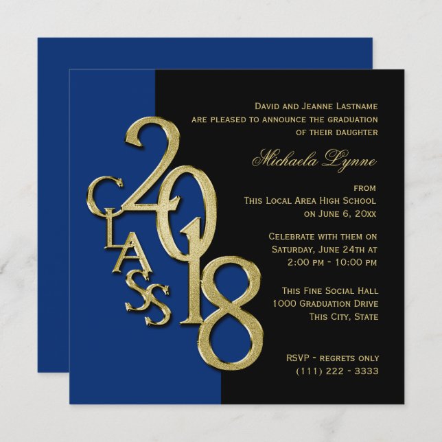 Invitation Classe de 2018 Grad Midnight Bleu et Or (Devant / Derrière)