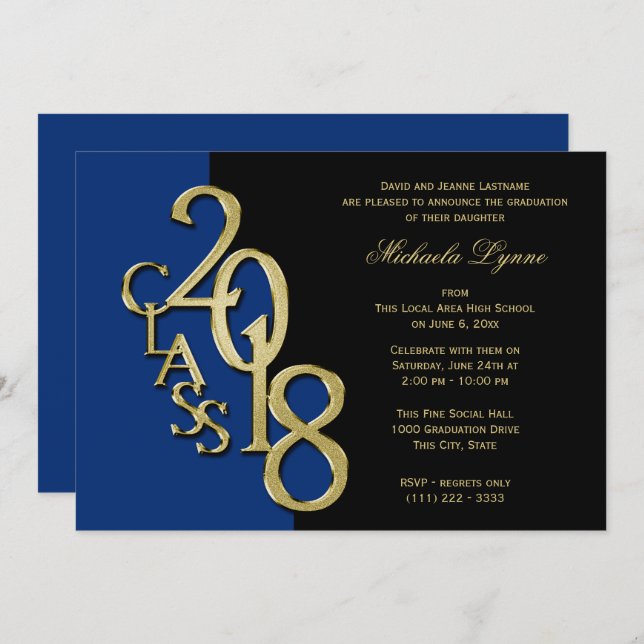 Invitation Classe de 2018 Grad Midnight Bleu et Or (Devant / Derrière)