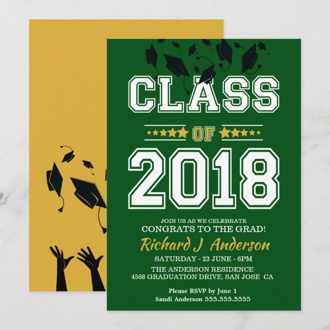 Invitation Classe de 2018 Green and Yellow Grad Party (Devant / Derrière)