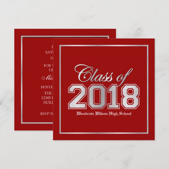 Invitation Classe de 2018 Premium Red / Silver Graduation (Devant / Derrière)
