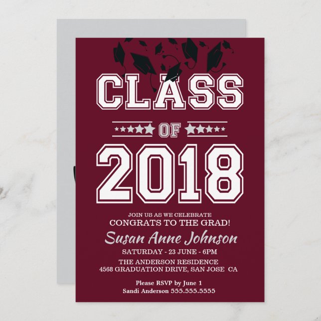 Invitation Classe de 2018 Silver and Burgundy Grad Party (Devant / Derrière)
