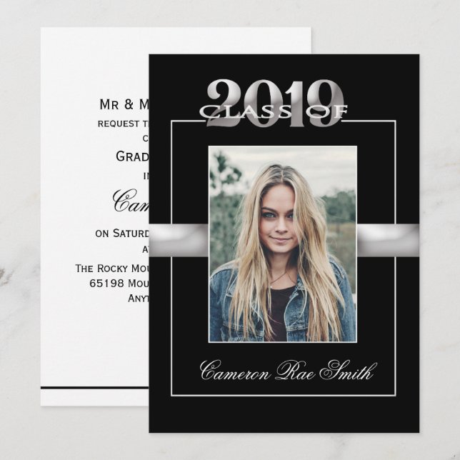 Invitation Classe de 2019 Black & Silver Graduation Party (Devant / Derrière)