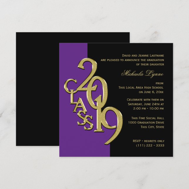 Invitation Classe de 2019 Elegant Gold et Purple (Devant / Derrière)