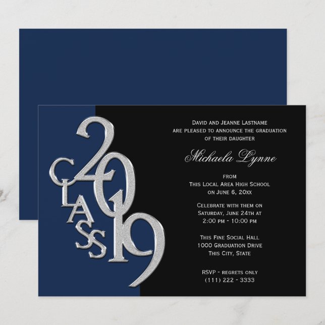 Invitation Classe de 2019 Grad Silver avec option de couleur (Devant / Derrière)