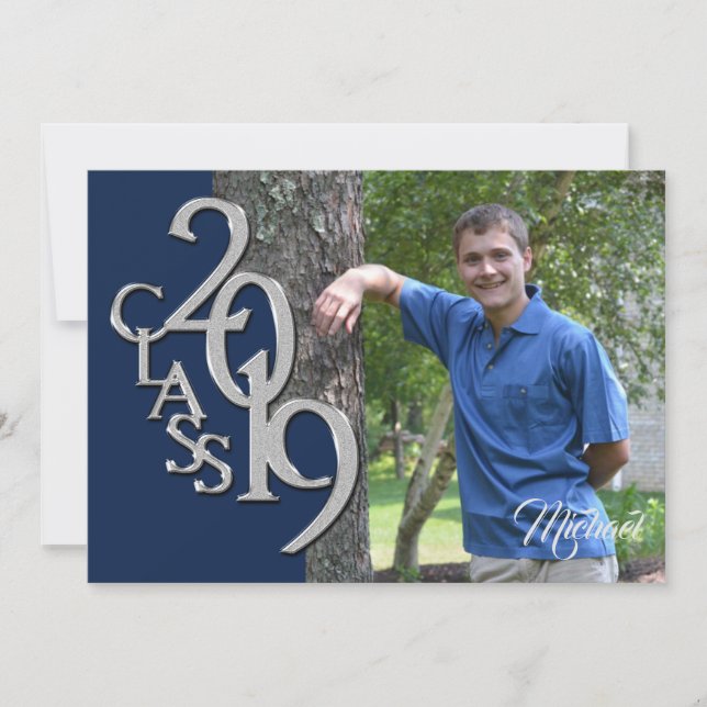 Invitation Classe de 2019 Photo Graduation Blue Silver (Devant)