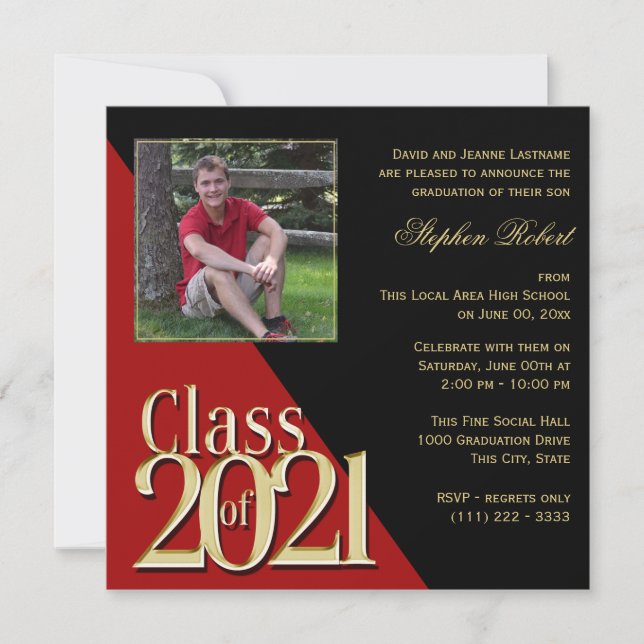 Invitation Classe de 2021 Gold Grad Rouge et Noir avec photo (Devant)