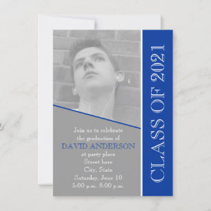 Invitation Classe de 2021 gris, photo de graduation bleue