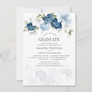 Invitation Classe de 2022 Blue White Floral Graduation Party
