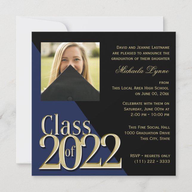 Invitation Classe de 2022 Grand Or et Bleu avec photo (Devant)