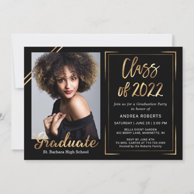 Invitation Classe de 2022 Modern Black Gold Photo Graduation (Devant)