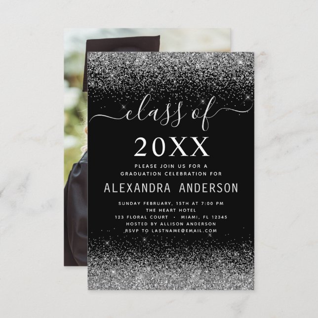 Invitation Classe de 2022 Photo Graduation Party Silver Black (Devant / Derrière)