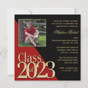 Invitation Classe de 2023 Gold Grad Rouge et Noir avec photo