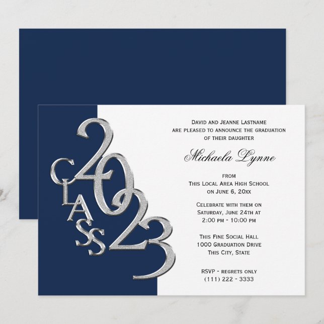 Invitation Classe de 2023 Grad Silver and Navy Blue (Devant / Derrière)