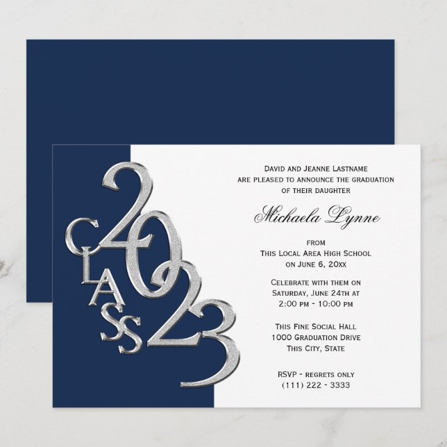 Invitation Classe de 2023 Grad Silver and Navy Blue (Devant / Derrière)