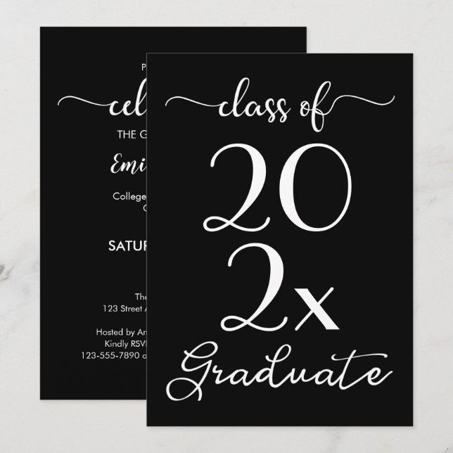 Invitation Classe De 2023 Graduation Chic Noir & Blanc Script (Devant / Derrière)