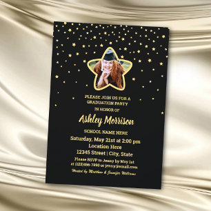 Invitation Classe de 2024 Black and Gold Star Photo Graduatio