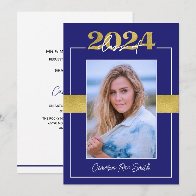 Invitation Classe de 2024 Blue & Gold Graduation Party (Devant / Derrière)