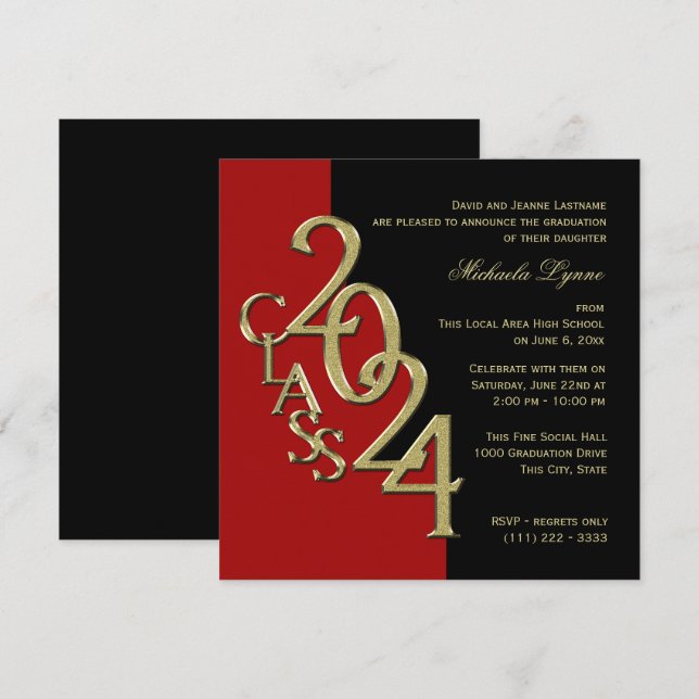Invitation Classe de 2024 Elegant Gold et Red (Devant / Derrière)