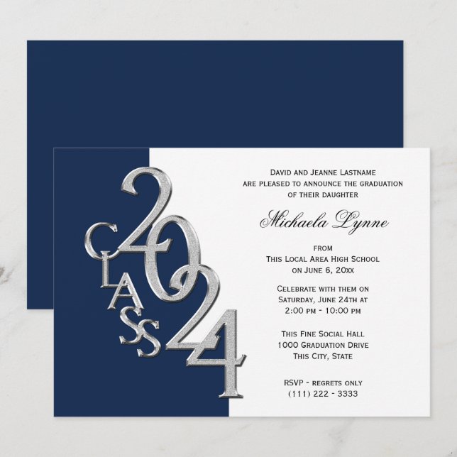 Invitation Classe de 2024 Grad Silver and Navy Blue (Devant / Derrière)