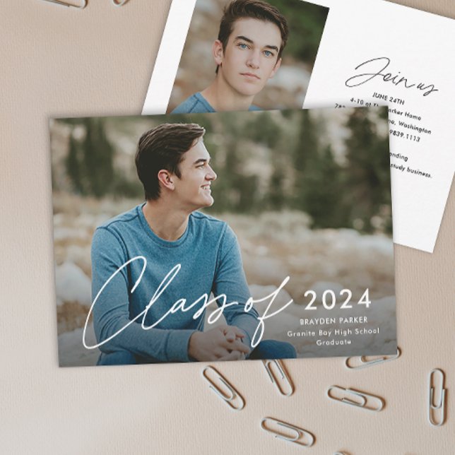 Invitation Classe de 2024 Script Photo Graduation (Simple handwritten script Class of 2024 photo graduation invitation announcements.)
