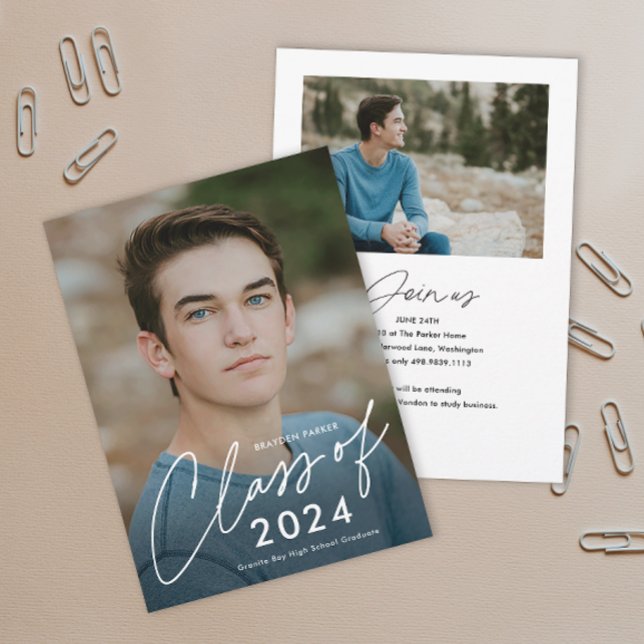 Invitation Classe de 2024 Script Photo Graduation (Simple handwritten script Class of 2024 photo graduation invitation announcements.)