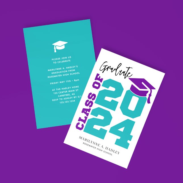Invitation Classe de 2024 Turquoise et Purple Graduation (Créateur téléchargé)