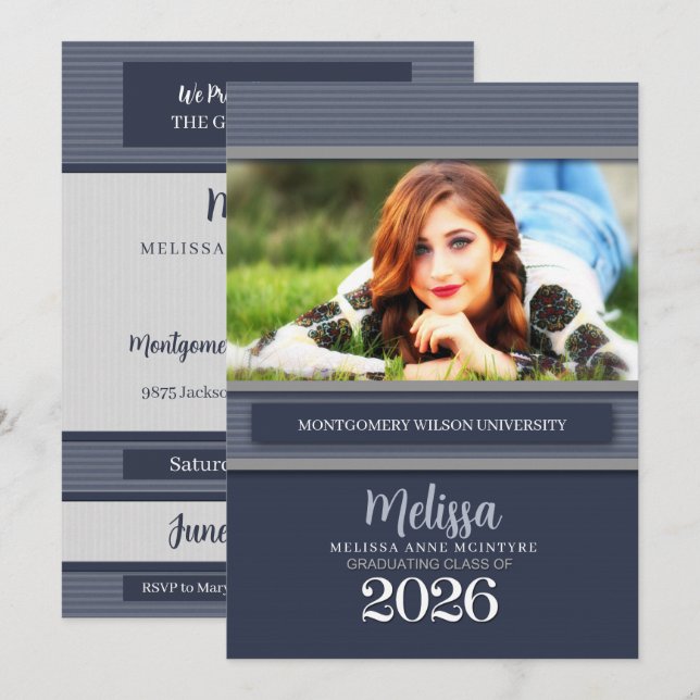 Invitation Classe de 2025 Blue Pinstripe Photo Graduation (Devant / Derrière)