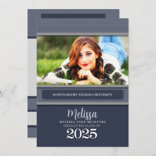 Invitation Classe de 2025 Blue Pinstripe Photo Graduation