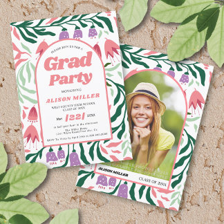 Invitation Classe De 2025 Boho arch fleurs rétro Graduation