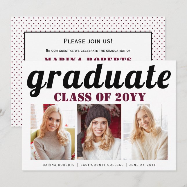 Invitation Classe de 2025 burgundy diplômée photo de typograp (Devant / Derrière)