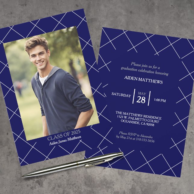 Invitation Classe de 2025 Classic Navy Blue Photo Graduation (A classic yet modern invitation to celebrate and honor your graduate.)
