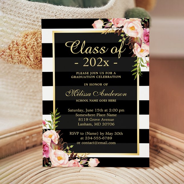 Invitation Classe de 2025 Classy Floral Stripes (Créateur téléchargé)