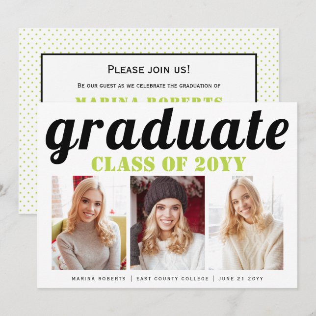 Invitation Classe de 2025 diplômé lime vert typographie photo (Devant / Derrière)