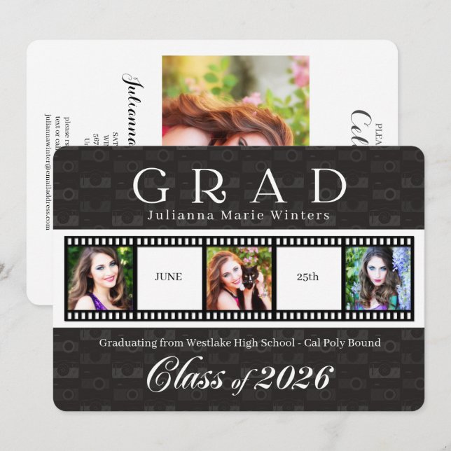 Invitation Classe de 2025 Graduation Film Strip Thème 3 Photo (Devant / Derrière)