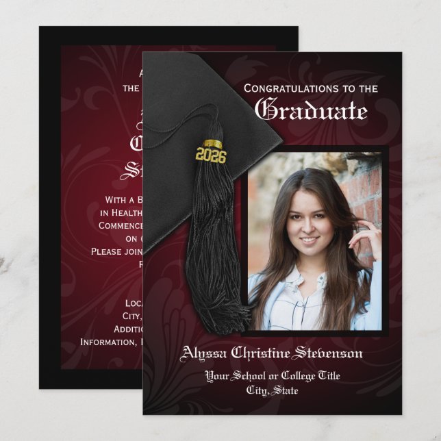 Invitation Classe de 2025 Maroon Tassel Photo Graduation (Devant / Derrière)