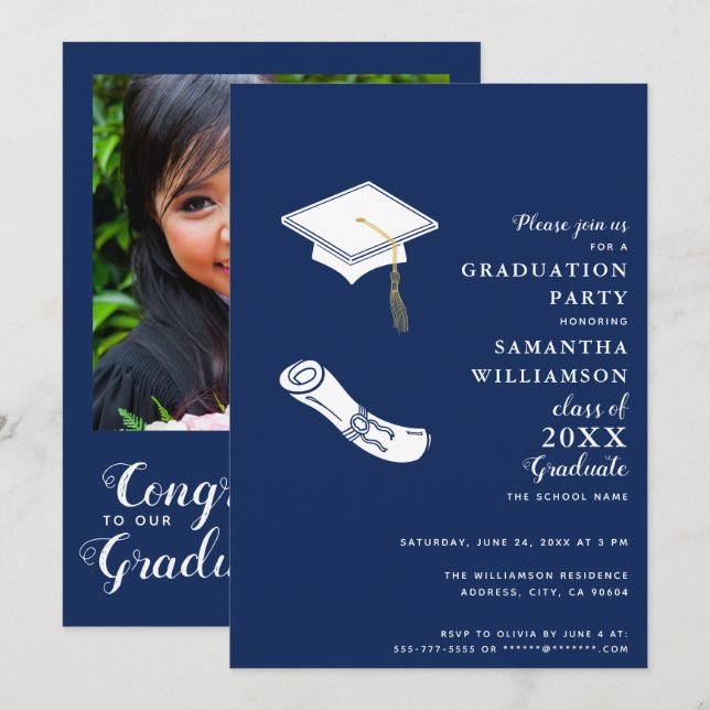 Invitation Classe de 2025 Navy Blue and White Photo Graduatio (Devant / Derrière)