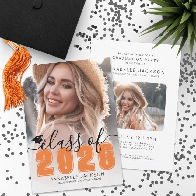 Invitation Classe De 2025 Orange Diplômé En Photo (Class Of 2026 Orange Graduate Photo Graduation Invitation)