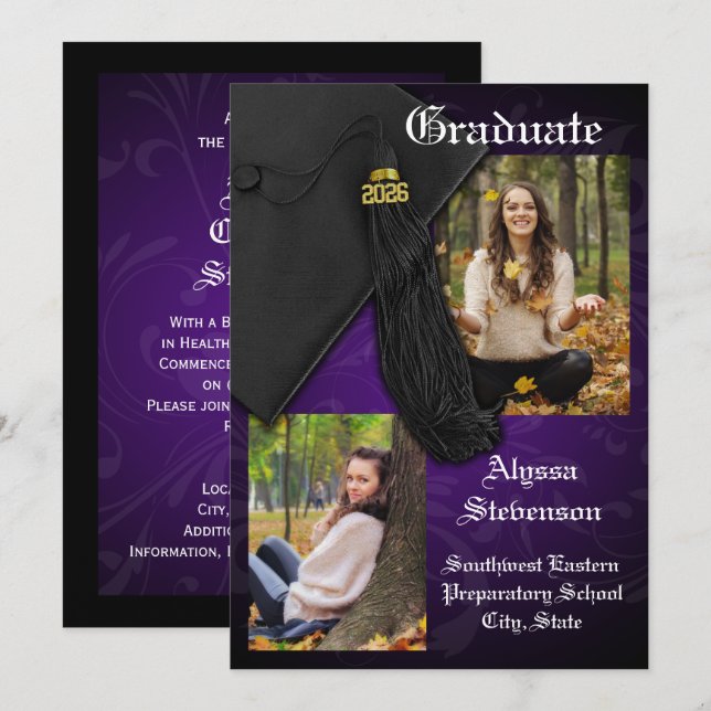 Invitation Classe de 2025 Purple Tassel Diplôme Dignifié (Devant / Derrière)
