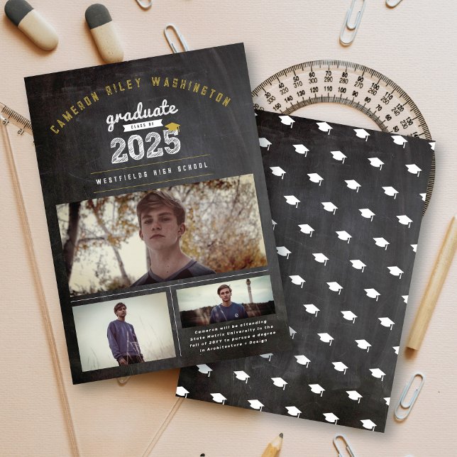 Invitation Classe De 2025 Retro Chalkboard 3 Photo Graduation (Class Of 2025 Retro Black Chalkboard, Bold Gold & White Sketch 3 Photo Graduation Announcement Card)