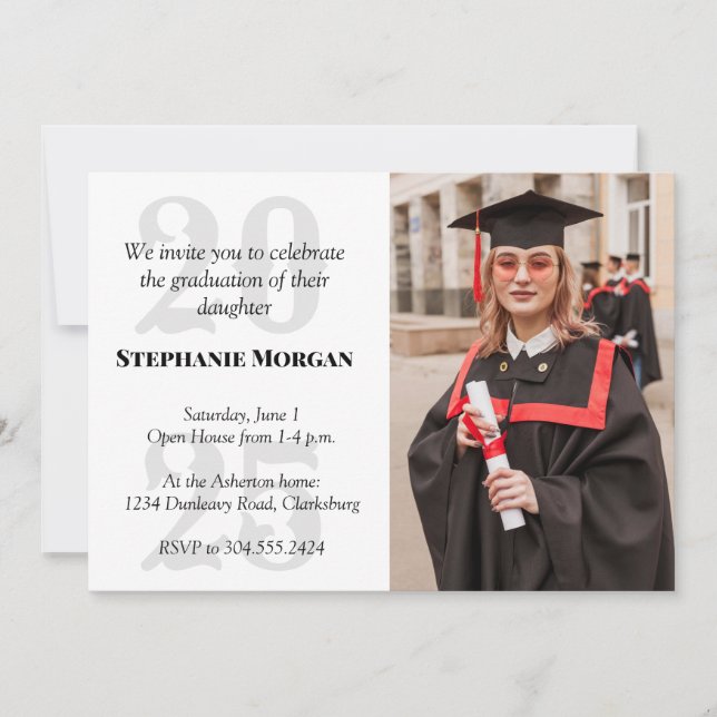 Invitation Classe de 2025simple noir rouge photo graduation (Devant)